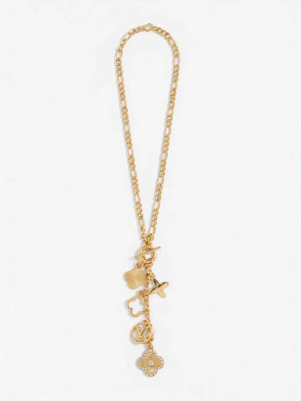 Louis Vuitton Gold Charm Pendant Necklace with Monogram Flowers